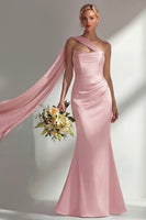 Load image into Gallery viewer, Burgundy Mermaid Neck Scarf Satin Ruched Long Prom Dress