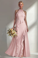 Load image into Gallery viewer, A Line High Neck Butter Yellow Ruffled Long Beach Wedding Guest Dress with Slit
