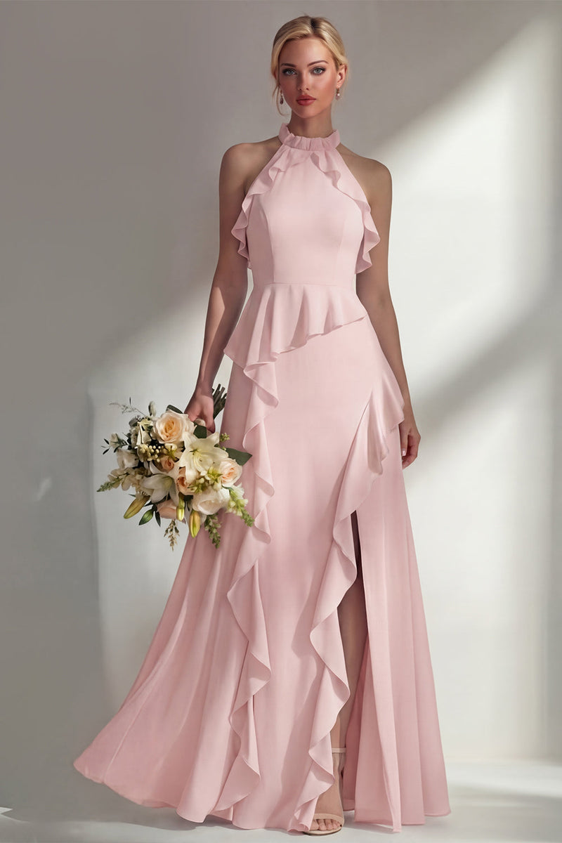 Load image into Gallery viewer, A Line High Neck Butter Yellow Ruffled Long Beach Wedding Guest Dress with Slit