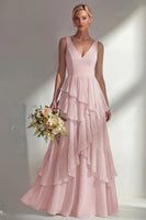 Load image into Gallery viewer, V-Neck Lilac A Line Long Beach Wedding Guest Dress with Ruffles
