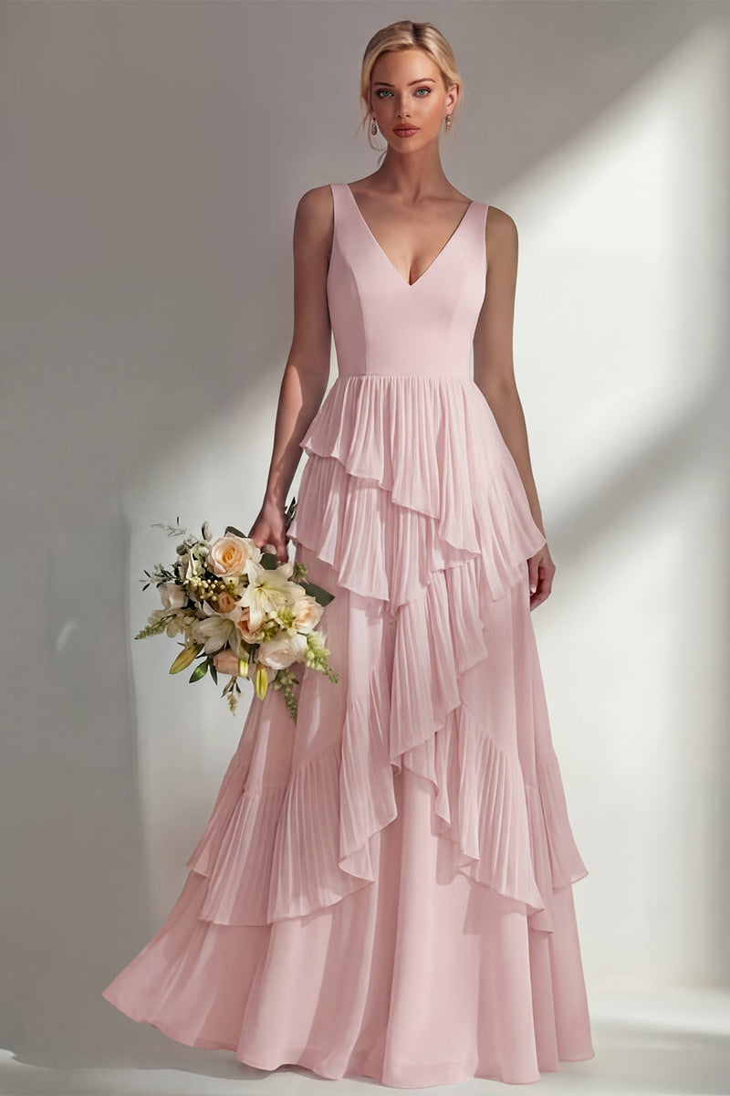 Load image into Gallery viewer, V-Neck Lilac A Line Long Beach Wedding Guest Dress with Ruffles