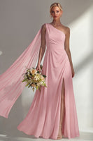 Load image into Gallery viewer, Burgundy One Shoulder Ruched A Line Long Beach Wedding Guest Dress with Side Cape