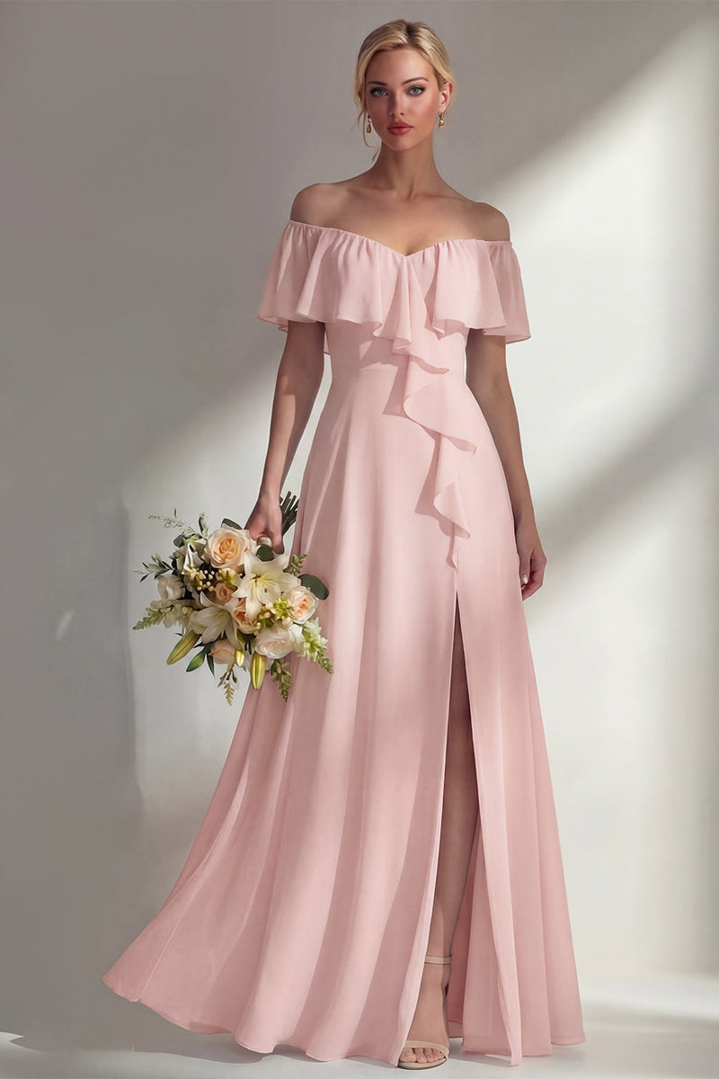 Load image into Gallery viewer, Off the Shoulder Ruffled A Line Burgundy Long Beach Wedding Guest Dress with Slit