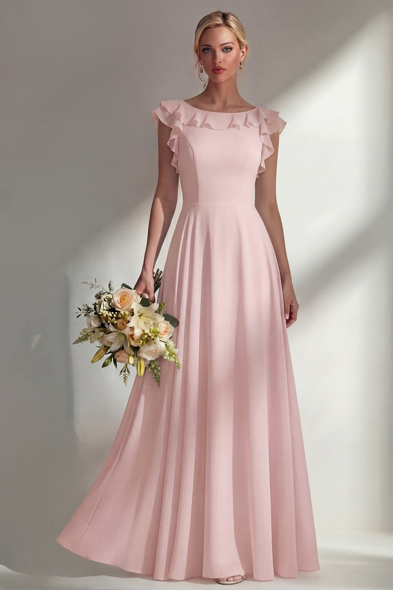 Load image into Gallery viewer, Emerald Boat Neck A Line Long Beach Wedding Guest Dress with Ruffles