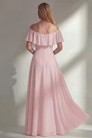 Load image into Gallery viewer, Off the Shoulder Ruffled A Line Burgundy Long Beach Wedding Guest Dress with Slit