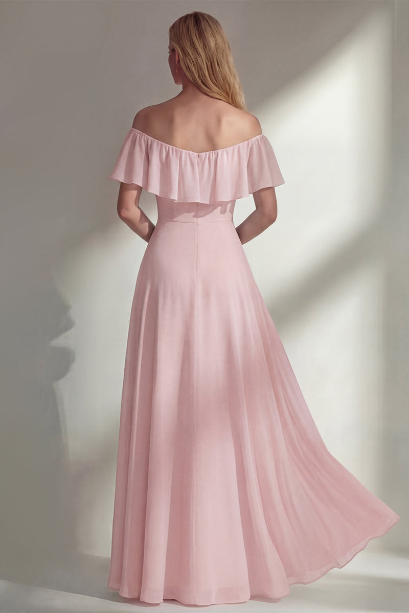 Load image into Gallery viewer, Off the Shoulder Ruffled A Line Burgundy Long Beach Wedding Guest Dress with Slit