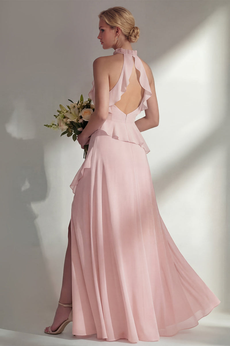 Load image into Gallery viewer, A Line High Neck Butter Yellow Ruffled Long Beach Wedding Guest Dress with Slit