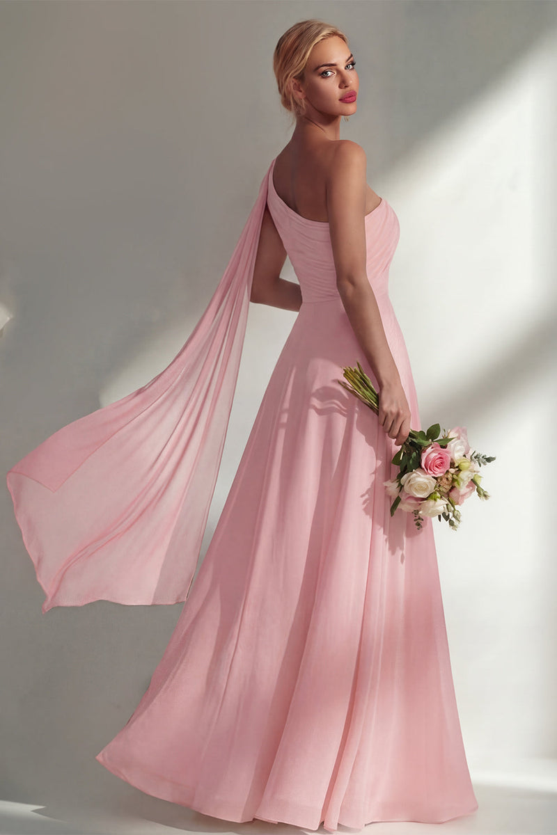 Load image into Gallery viewer, Burgundy One Shoulder Ruched A Line Long Beach Wedding Guest Dress with Side Cape