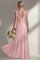 Load image into Gallery viewer, Emerald Boat Neck A Line Long Beach Wedding Guest Dress with Ruffles