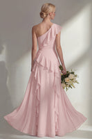 Load image into Gallery viewer, Mint One shoulder Ruffled A Line Long Beach Wedding Guest Dress with Slit