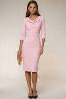 Load image into Gallery viewer, Navy Cowl Neck Pencil Midi Work Dress