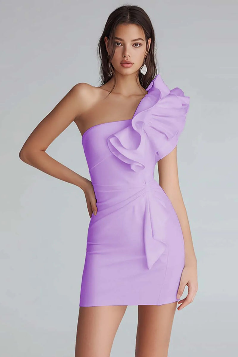 Load image into Gallery viewer, Ivory Satin One Shoulder Tight Short Bachelorette Party Dress with Ruffles