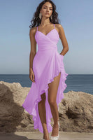 Load image into Gallery viewer, Dusty Rose Chiffon Ruffled V-Neck High-Low Formal Dress