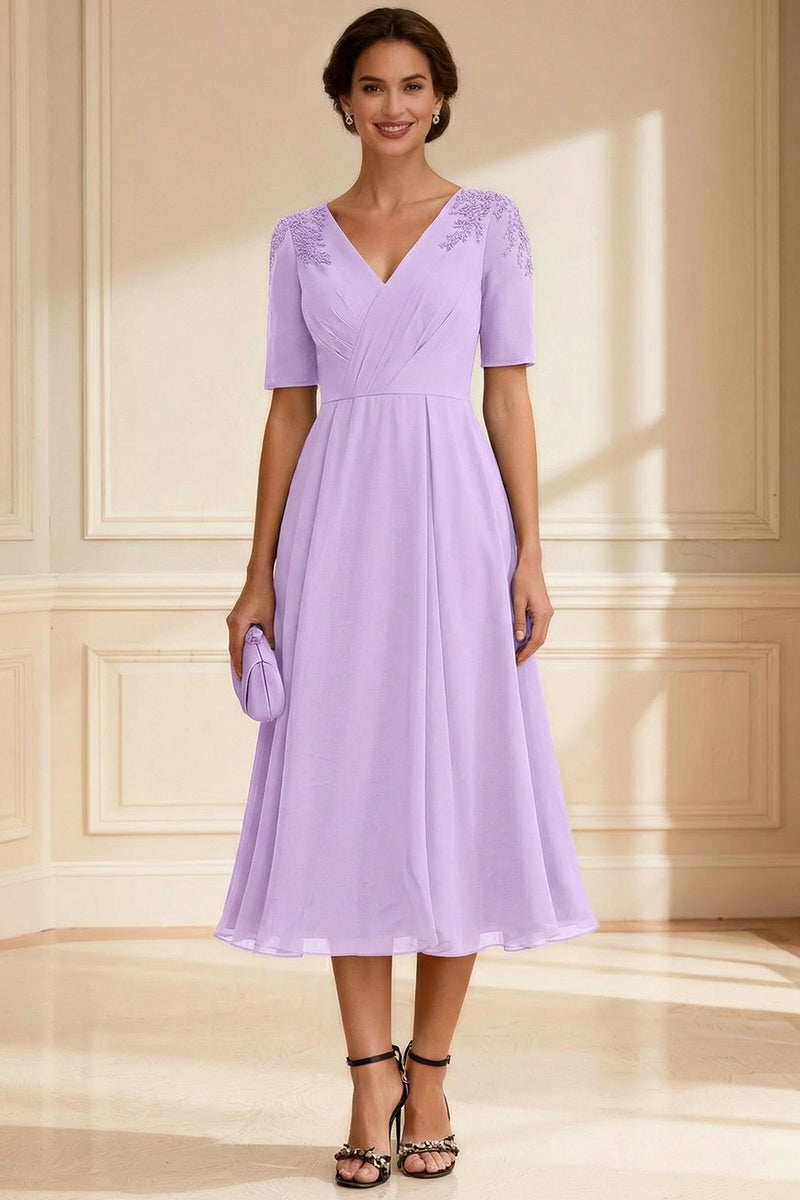 Load image into Gallery viewer, V-Neck Navy A-Line Midi Mother of the Bride Dress