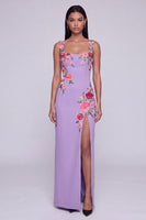 Load image into Gallery viewer, Square Neck Sheath Black Floral Beach Maxi Wedding Guest Dress with Slit