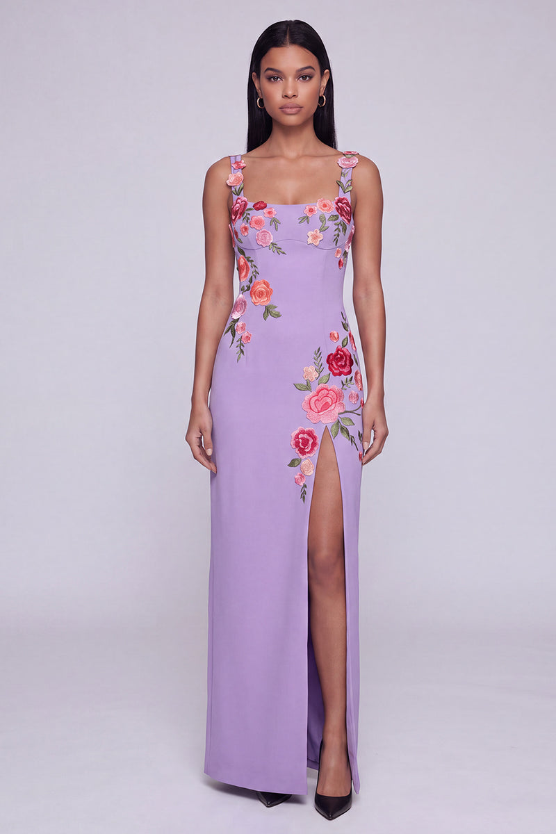 Load image into Gallery viewer, Square Neck Sheath Black Floral Beach Maxi Wedding Guest Dress with Slit