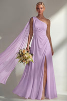 Load image into Gallery viewer, Burgundy One Shoulder Ruched A Line Long Beach Wedding Guest Dress with Side Cape