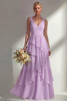Load image into Gallery viewer, V-Neck Lilac A Line Long Beach Wedding Guest Dress with Ruffles