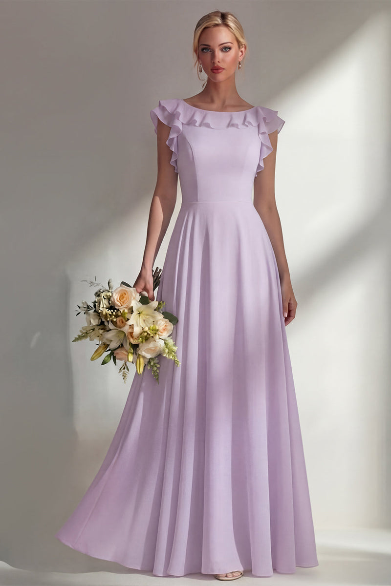 Load image into Gallery viewer, Emerald Boat Neck A Line Long Beach Wedding Guest Dress with Ruffles