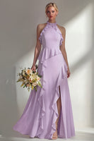 Load image into Gallery viewer, A Line High Neck Butter Yellow Ruffled Long Beach Wedding Guest Dress with Slit