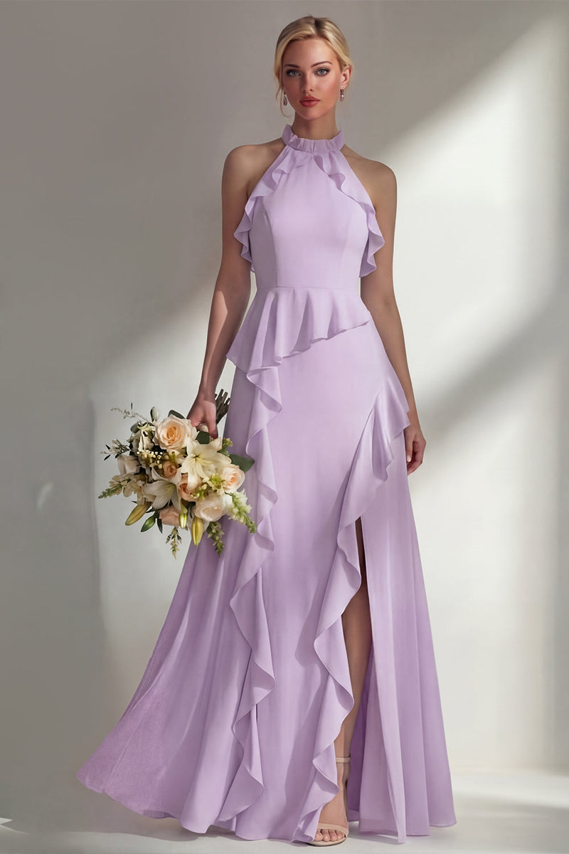 Load image into Gallery viewer, A Line High Neck Butter Yellow Ruffled Long Beach Wedding Guest Dress with Slit