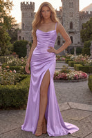 Load image into Gallery viewer, Burgundy Sheath Long Spaghetti Straps Ruched Evening Dress with Slit