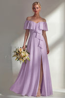 Load image into Gallery viewer, Off the Shoulder Ruffled A Line Burgundy Long Beach Wedding Guest Dress with Slit