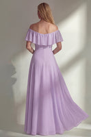 Load image into Gallery viewer, Off the Shoulder Ruffled A Line Burgundy Long Beach Wedding Guest Dress with Slit