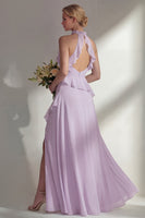 Load image into Gallery viewer, A Line High Neck Butter Yellow Ruffled Long Beach Wedding Guest Dress with Slit