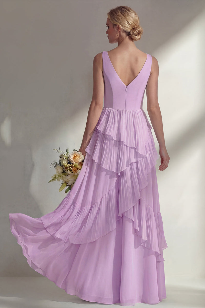 Load image into Gallery viewer, V-Neck Lilac A Line Long Beach Wedding Guest Dress with Ruffles
