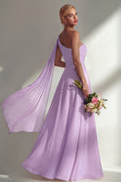 Load image into Gallery viewer, Burgundy One Shoulder Ruched A Line Long Beach Wedding Guest Dress with Side Cape