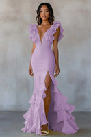 Load image into Gallery viewer, Dusty Blue Mermaid Ruffled Chiffon Long Formal Dress with Slit