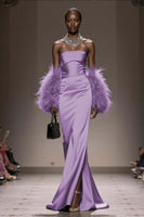 Load image into Gallery viewer, Silver Satin Mermaid Strapless Long Formal Dress with Slit