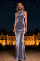 Load image into Gallery viewer, Purple Halter Neck Mermaid Long Velvet Holiday Party Dress