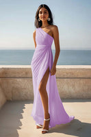 Load image into Gallery viewer, Chiffon One Shoulder Ruched Ivory Maxi Rehearsal Dinner Dress with Slit