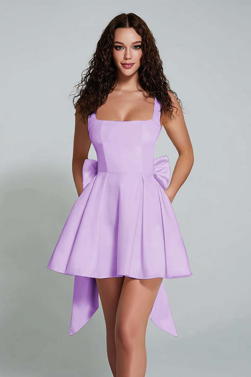 Load image into Gallery viewer, Black Square Neck Satin A Line Short Prom Dress with Bow