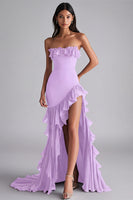 Load image into Gallery viewer, Strapless Black Tiered Long Chiffon Formal Dress with Slit