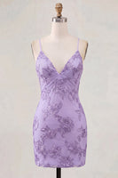 Load image into Gallery viewer, Tight Floral Short Fuchsia Spaghetti Straps Prom Dress
