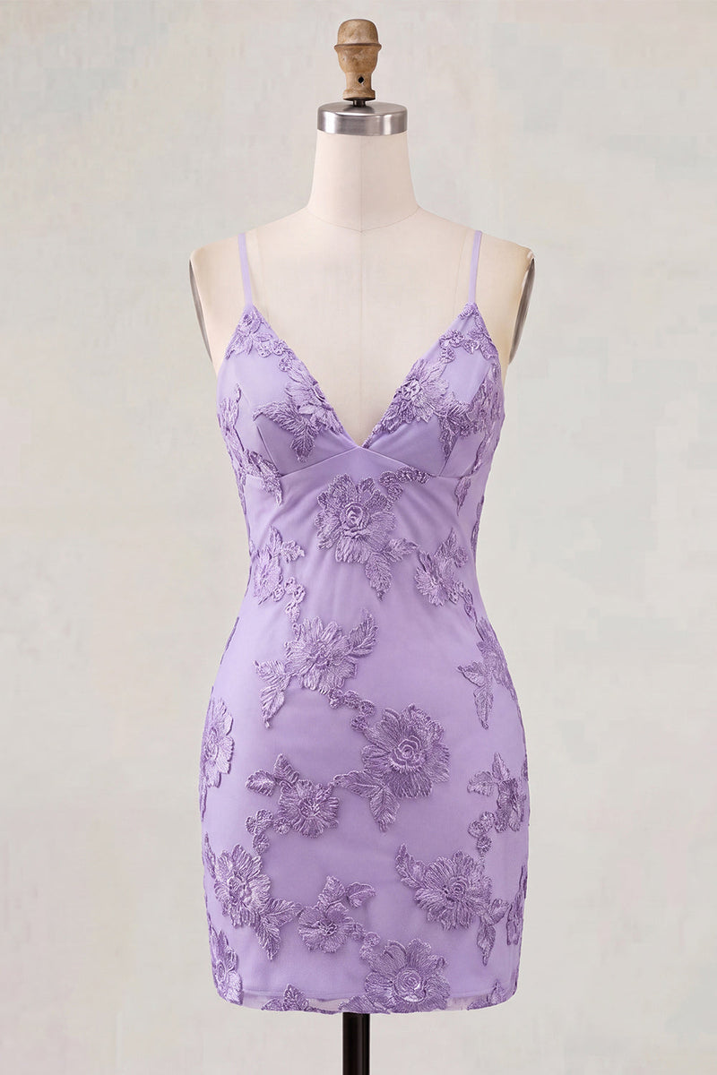 Load image into Gallery viewer, Tight Floral Short Fuchsia Spaghetti Straps Prom Dress