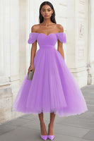 Load image into Gallery viewer, Yellow Tulle Off the Shoulder Midi Formal Dress