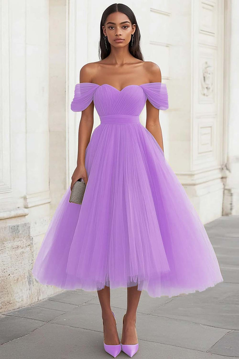 Load image into Gallery viewer, Yellow Tulle Off the Shoulder Midi Formal Dress