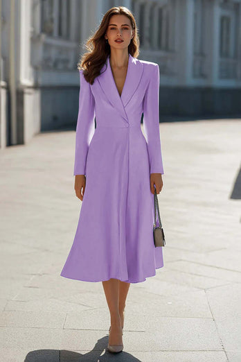 Sky Blue Satin Shawl Lapel A Line Midi Blazer Dress with Sleeves