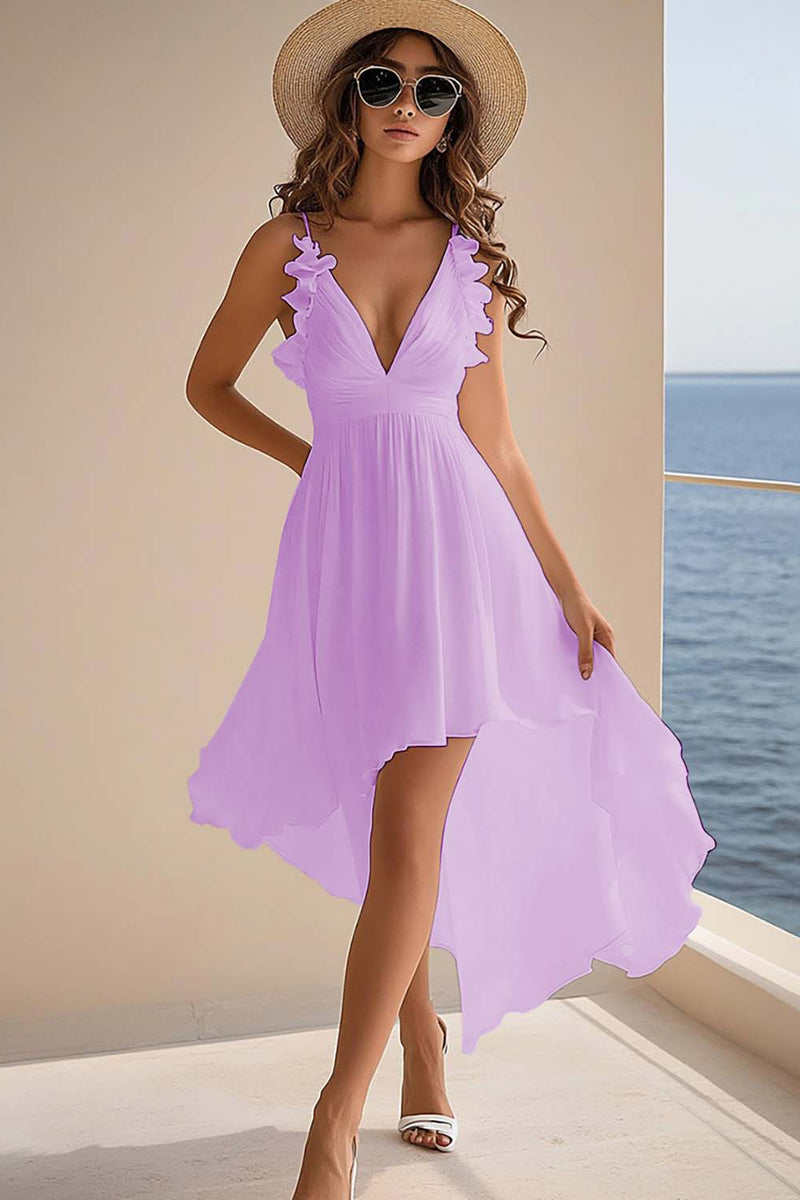 Load image into Gallery viewer, Dusty Rose A Line Chiffon High Low Boho Summer Dress with Ruffles