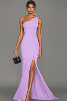 Load image into Gallery viewer, Dark Green Satin One Shoulder Mermaid Long Formal Dress with Slit