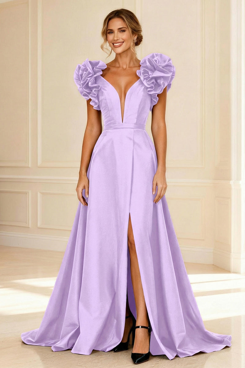 Load image into Gallery viewer, Black V-Neck A-Line Long Mother of the Bride Dress with Ruffles