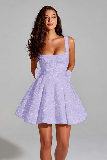 Sparkly White Square Neck Short A Line Prom Dress with Bow