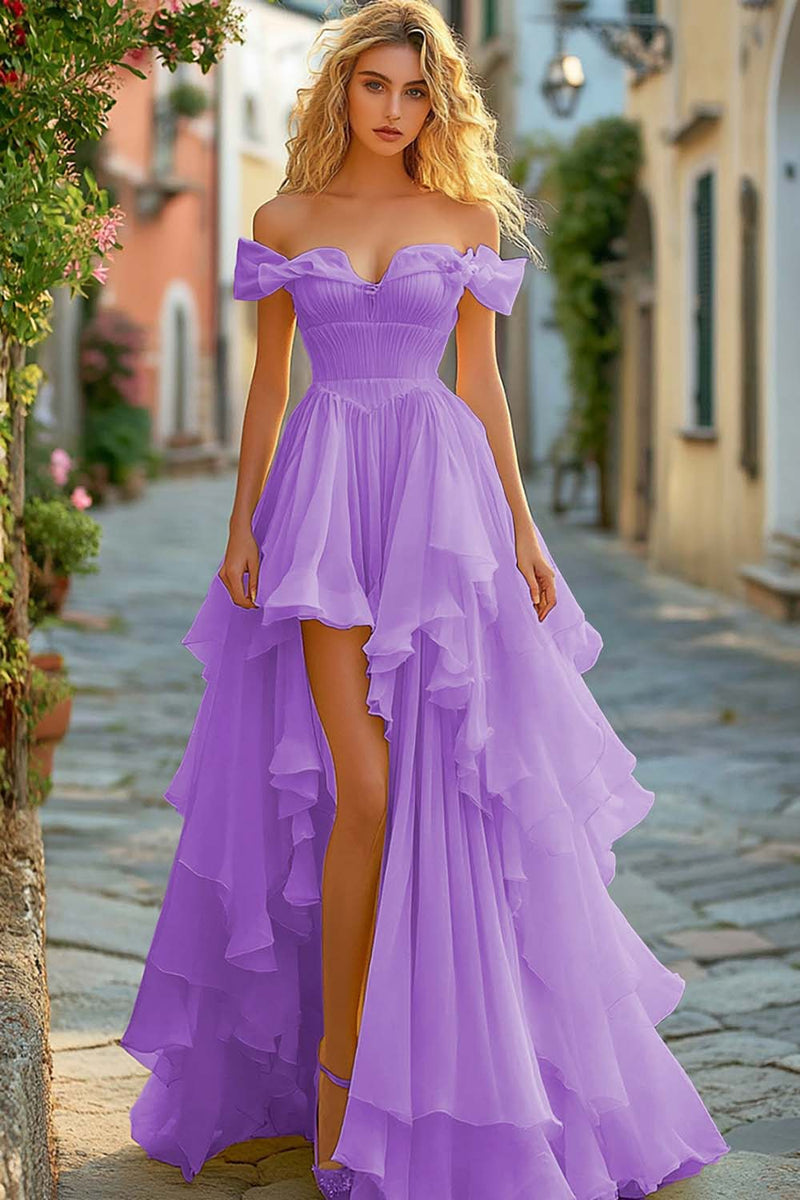 Load image into Gallery viewer, Yellow A Line Tiered Off the Shoulder Long Asymmetrical Prom Dress