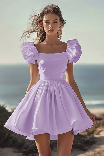 Dusty Rose Satin Mini Short Party Dress with Ruffles