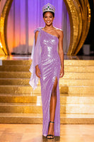 Load image into Gallery viewer, Sparkly Dark Green One Shoulder Long Sequin Pageant Dress with Slit