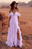 Load image into Gallery viewer, Ivory A Line Off the Shoulder Maxi Beach Wedding Dress with Ruffles